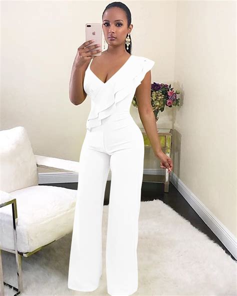 Unique Design Summer Overall Sexy Deep V Neck Sleeveless Ruffle Jumpsuit Wide Leg Pants Bodycon