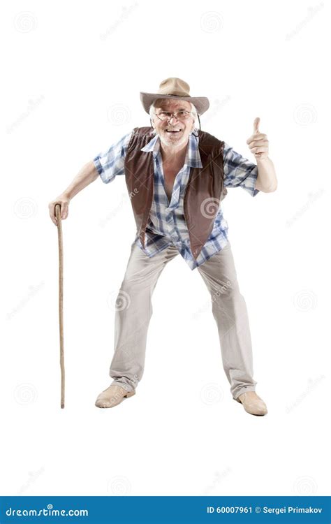 Full Length Portrait Of A Senior Man Walking With Cane Stock Image