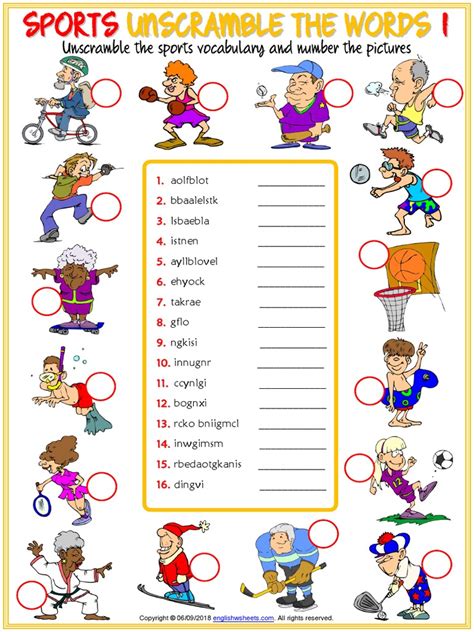Sports Vocabulary Esl Unscramble The Words Worksheets For Kids Pdf