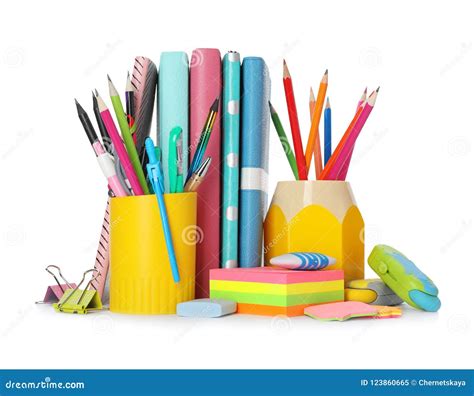 Different Colorful Stationery On White Background Back To School Stock