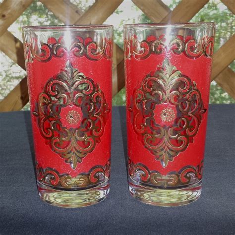 Vintage Red And Gold Mcm Drinking Glasses Set By Gypsummoonvintage