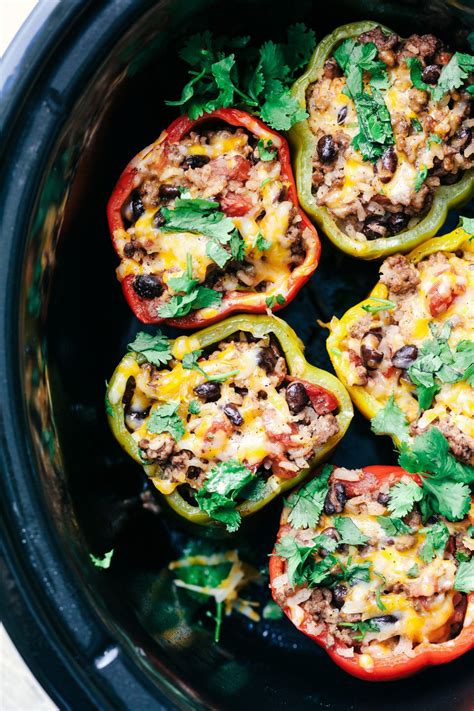 Slow Cooker Stuffed Bell Peppers Are Stuffed With Ground Beef Rice
