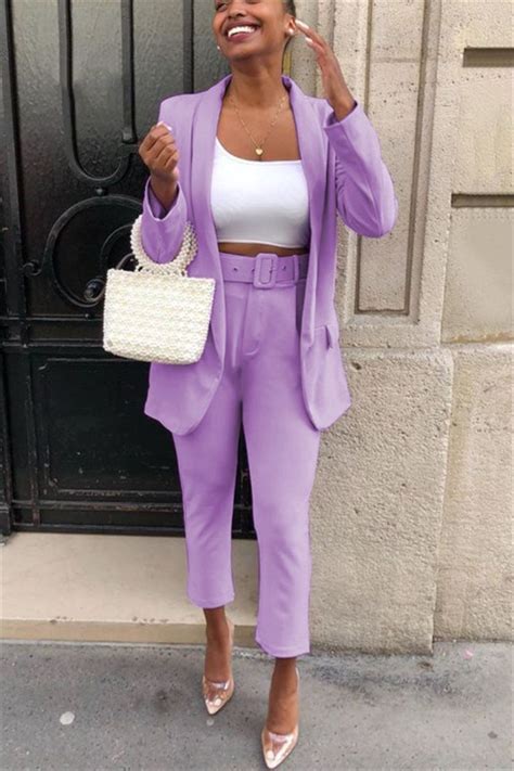 Fashion Autumn And Winter Light Purple Two Piece Suit Without Belt In 2021 Purple Pants