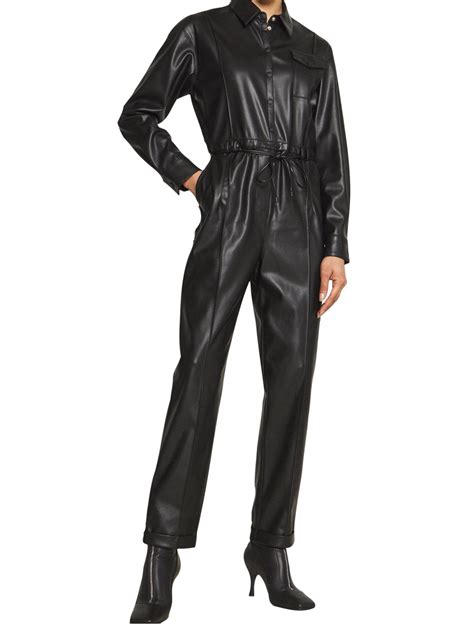 Women Bold Fashion Real Lambskin Black Leather Jumpsuit