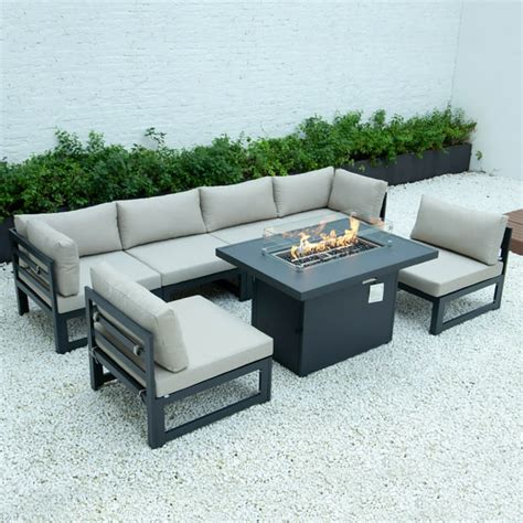 Leisuremod Chelsea 7 Piece Patio Sectional And Fire Pit Table Black