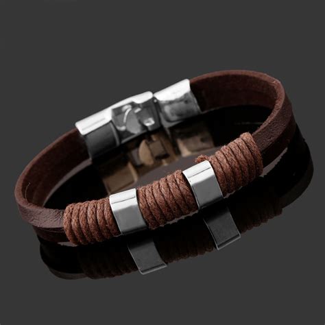 Mens Bracelets Stainless Steel Black Leather Bracelet Wristband Bangle