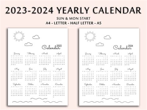 2023 2024 Printable Calendar Modern Calendar Digital Etsy