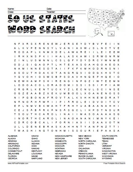 50 Us States Word Search Free Printable