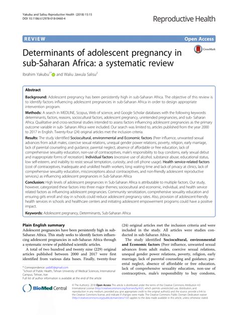 Pdf Determinants Of Adolescent Pregnancy In Sub Saharan Africa A Systematic Review