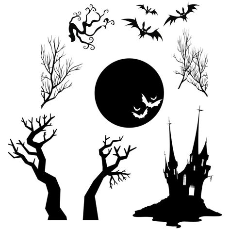 Printable Silhouette Of Halloween House Full Moon Trees And Bats