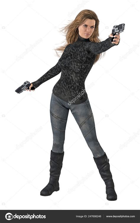 Beautiful Powerful Woman Holding Two Guns In Shooting Pose Isolated On A White Background ⬇