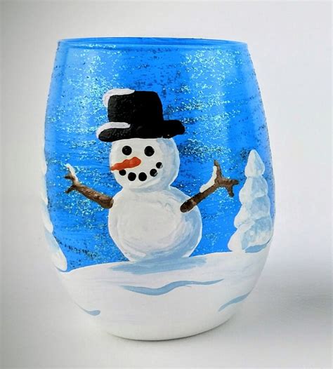 Snowman Hand Painted Stemless Wine Glass Snowmen Snow Pine Etsy