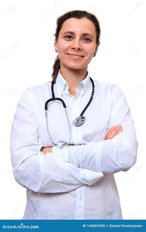 Portrait Female Doctor In Uniform Isolated On White Background Stock