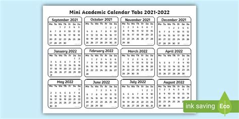 Mini Academic Tabs 2021 2022 Calendar Teacher Made