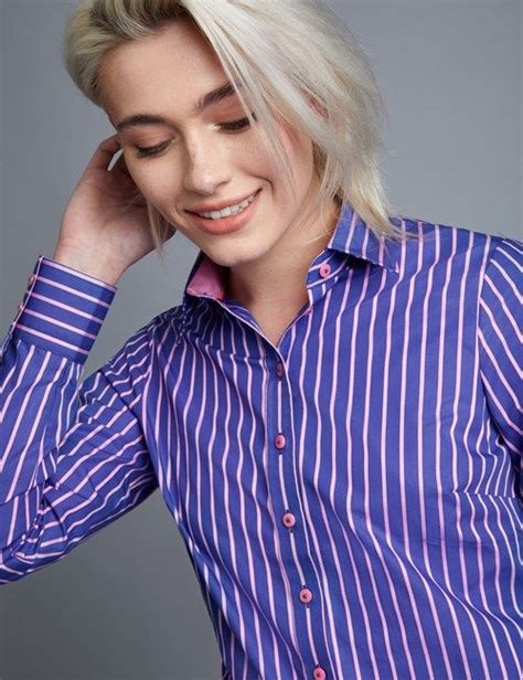 Womens Blue And Pink Stripe Semi Fitted Shirt Single Cuff Work Wear