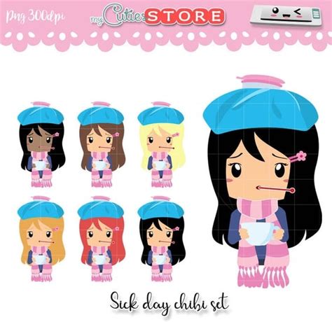 Chibi Sick Day Kawaii Clipart Girl With Taking Temperature
