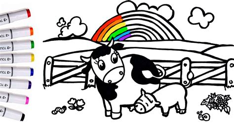 Cómo dibujar y colorear paisaje de arcoiris con la VACA ...