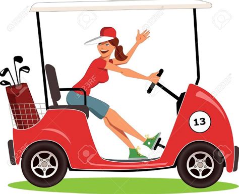 Cartoon Female Golfer In A Cart Smiling And Waving Isolated On White