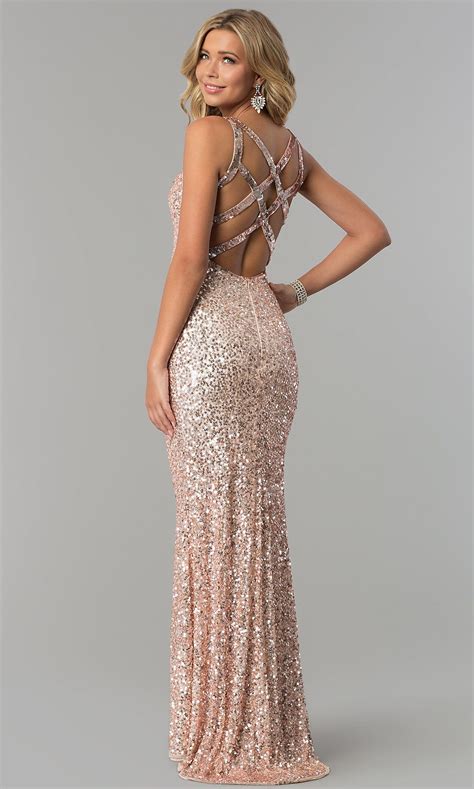 Long Sequin Caged Back Prom Dress Gold Prom Dresses Prom Dresses