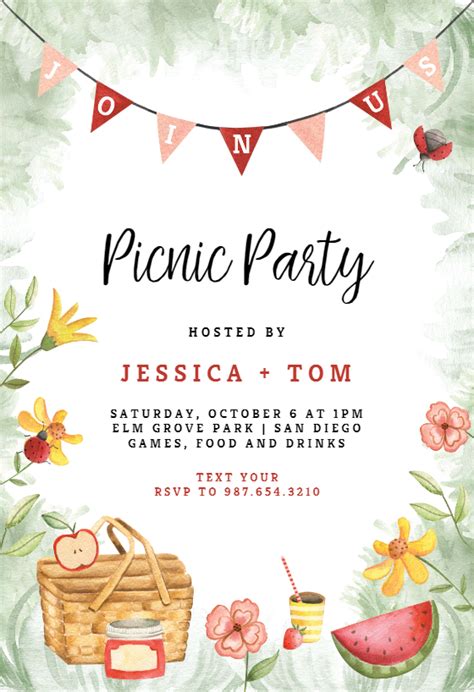 Paper And Party Supplies Picnic Birthday Invitation Park Party Invites