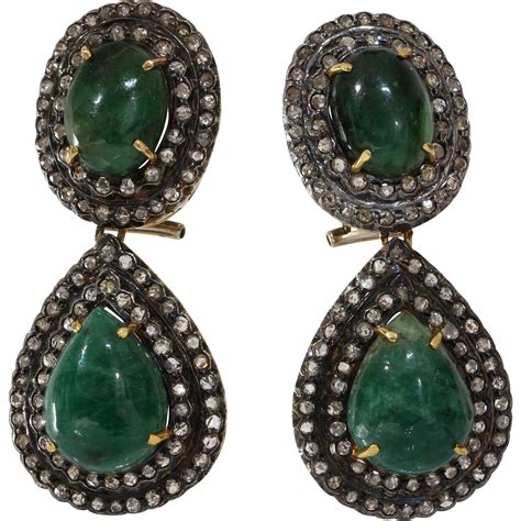 Victorian Emerald Diamond Earrings 15k Gold Silver Antique Drop