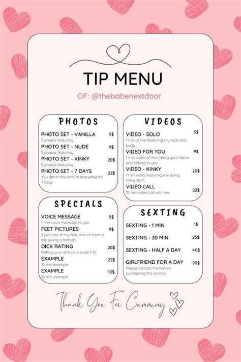 Editable Onlyfans Fansly Tip Menu Cute Pink Heart Design Only