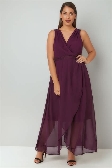 Purple Chiffon Maxi Dress With Wrap Front And Lace Details Plus Size 16