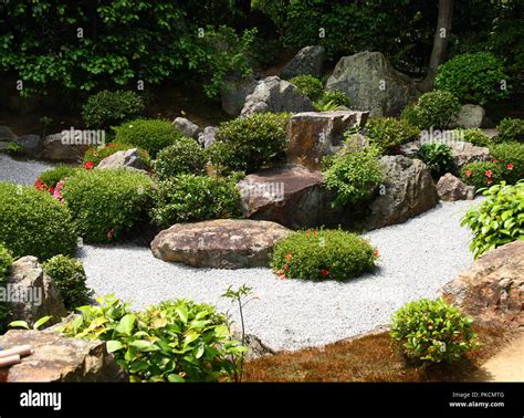 Japanese Zen Garden In Kyoto With Big Stones And Raked Gravel Stock