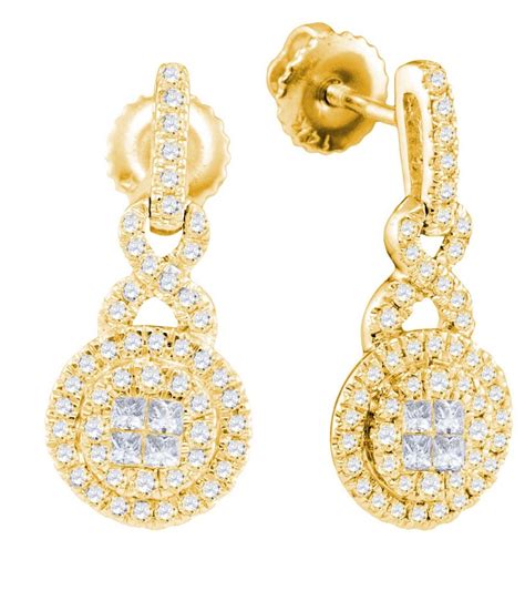 14kt Yellow Gold Womens Princess Round Diamond Soleil Cluster Dangle