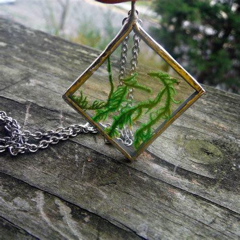 Real Moss Lichen Glass Terrarium Diamond Shape Necklace Green Etsy