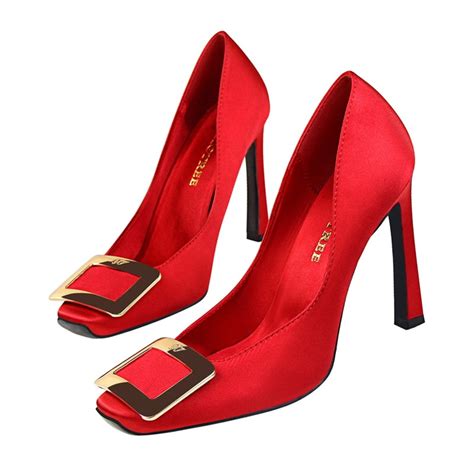 Women Buckle Thin High Heels Pumps Lady Sexy Pointed Toe Silk Wedding Shoes Red Bottom High