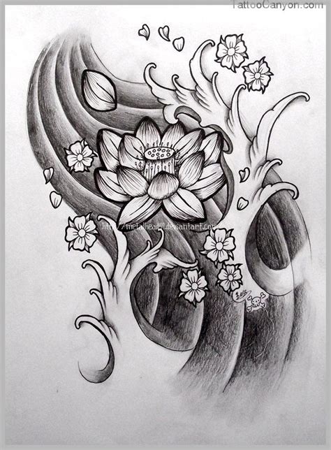 Black Ink Japanese Lotus Flower Tattoo Design