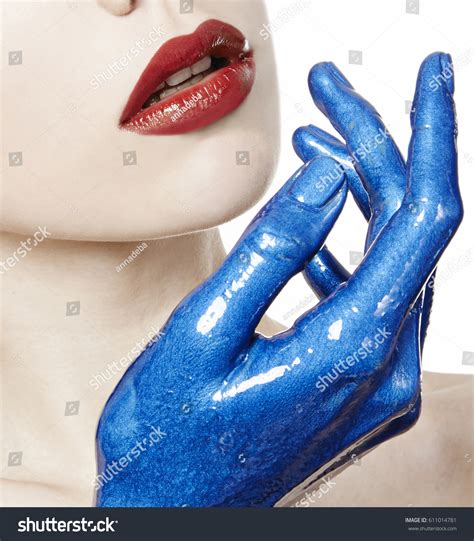 Woman Face Close Red Lipstick Blue Stock Photo 611014781 Shutterstock