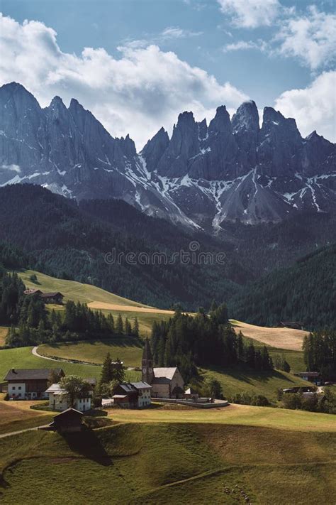 The Landscape Around Santa Magdalena Village Dolomites Italy Stock