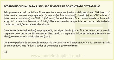 Modelo De Acordo Para Suspensão Temporária Do Contrato De Trabalho