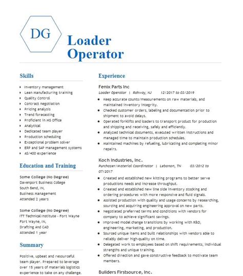 Loader Operator Resume Example