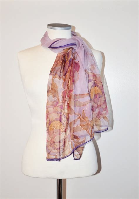 Long Silk Scarf With Peonies Hand Painted Light Purple Etsy