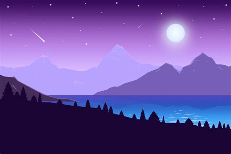Nighttime Mountains Under A Purple Sky By A Blue Lake