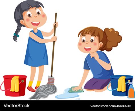 Two Kids Cleaning Cartoon Character Royalty Free Vector