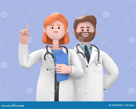 3d Render, Caucasian Man and Woman Doctors, Holds Clipboard and Shows