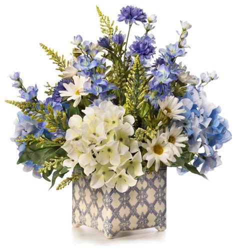 Hydrangeas In Blue Silk Flower Arrangement Mediterranean Artificial