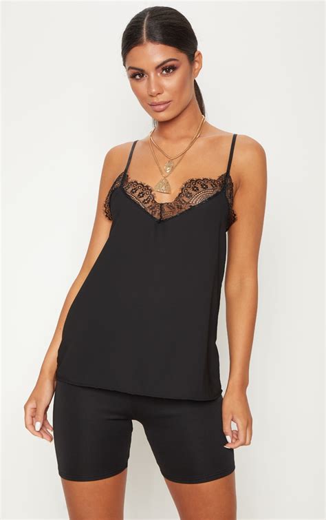 Black Lace Trim Cami Top Prettylittlething Usa