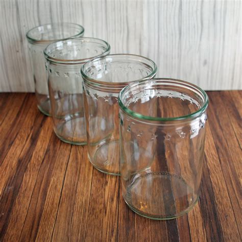 Vintage Jelly Jar Juice Glasses Tumblers Set Of 4 Star Border Design Clear Drinking Glass