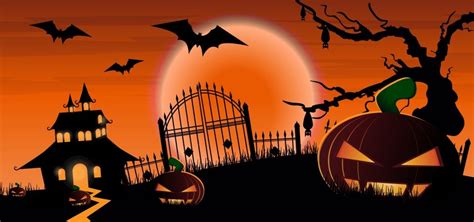 Halloween Pumpkins Spooky Trees And Haunted House With Moonlight On