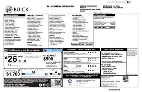 Window Sticker For 2023 Buick Envision Fwd 4dr Avenir