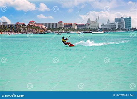 Kite Surfing At Palm Beach On Aruba In The Caribbean Sea Editorial