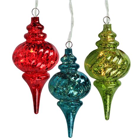 Set Of 3 Lighted Multi Color Mercury Glass Finish Finial Christmas Ornaments Clear Lights