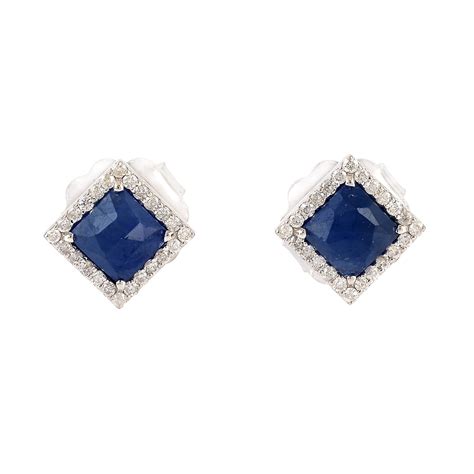 Blue Sapphire Studs Genuine Pave Diamond Minimalist Earrings Etsy Uk