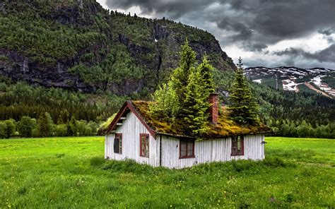 Landscape Nature Summer Abandoned Norway Grass Clouds Mountain House