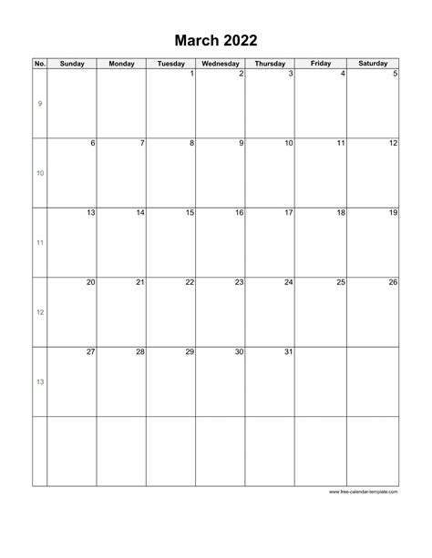 2022 March Calendar Blank Vertical Template Free Calendar
